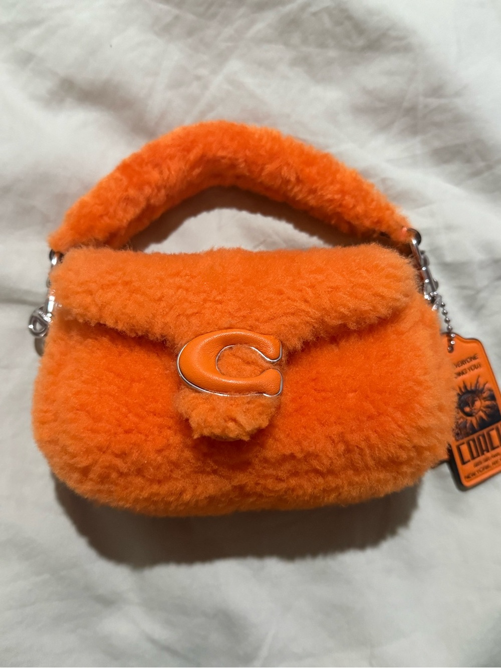 Coach Plush Shearling Mini Bag in Bright Orange with Silver 'C'